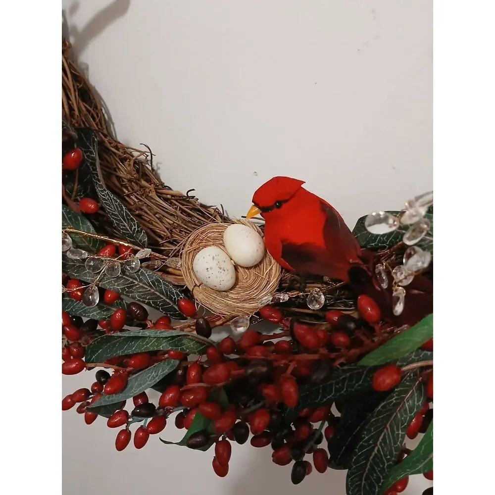 Winter Berries Door Wreath Realistic Red CARDINAL‎ Egg Nest Holiday Ice Crystals